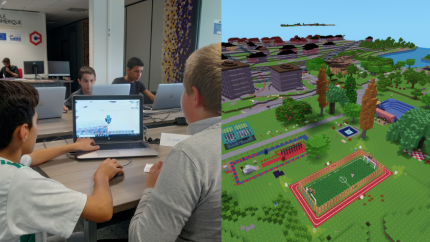 On the left, pupils playing Minetest on laptops. On the right, a voxel reconstruction of a city.