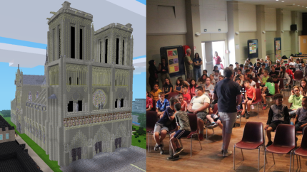 On the left, a voxel reconstruction of Notre Dame. On the right, a lecture theatre full of school pupils.